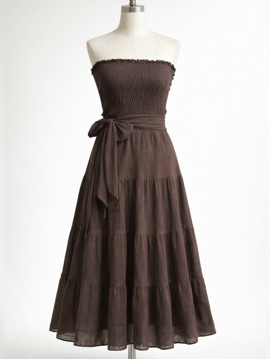 Vintage Dresses & Skirts - 💐 Vintage Boho Brown Strapless Dress • Gauzy Cotton Smocked Bodice Tiered SMALL